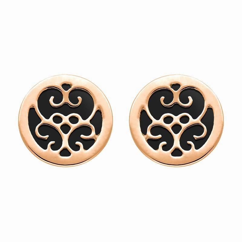 9ct Rose Gold Whitby Jet Flore Filigree Stud Earrings
