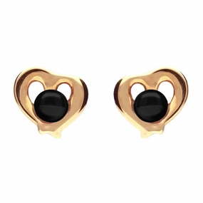 9ct Rose Gold Whitby Jet Heart Outline Stud Earrings