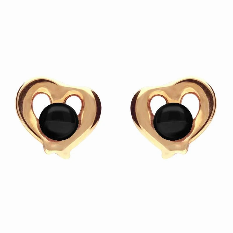 9ct Rose Gold Whitby Jet Heart Outline Stud Earrings
