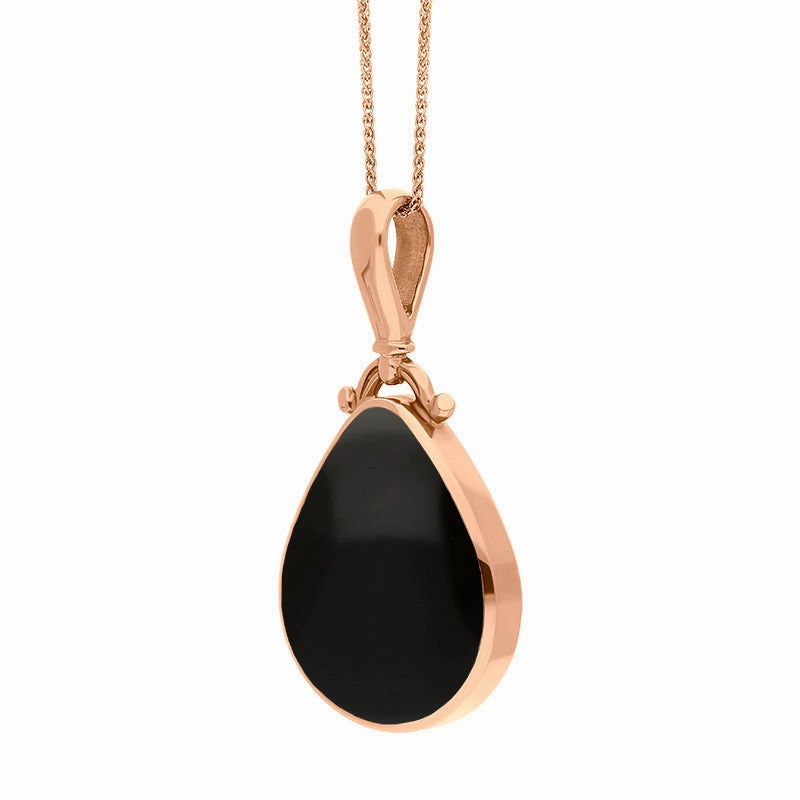 9ct Rose Gold Whitby Jet Lapis Lazuli Double Sided Pear Fob Necklace