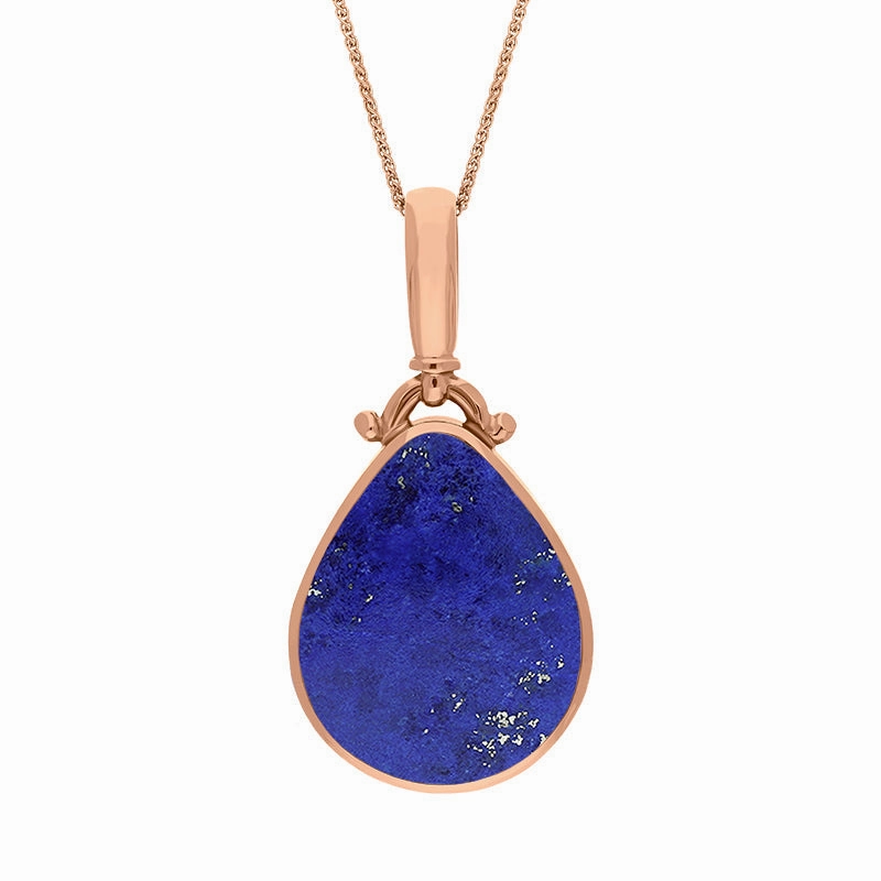 9ct Rose Gold Whitby Jet Lapis Lazuli Double Sided Pear Fob Necklace