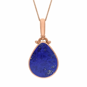 9ct Rose Gold Whitby Jet Lapis Lazuli Double Sided Pear Fob Necklace