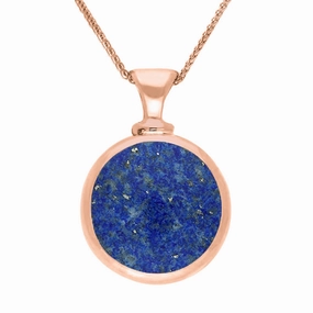 9ct Rose Gold Whitby Jet Lapis Lazuli Double Sided Round Dinky Fob Necklace