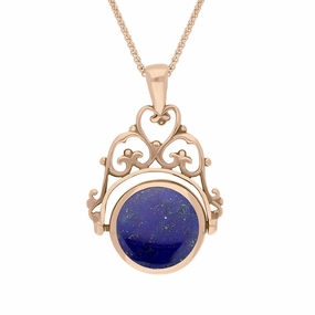 9ct Rose Gold Whitby Jet Lapis Lazuli Double Sided Round Swivel Fob Necklace