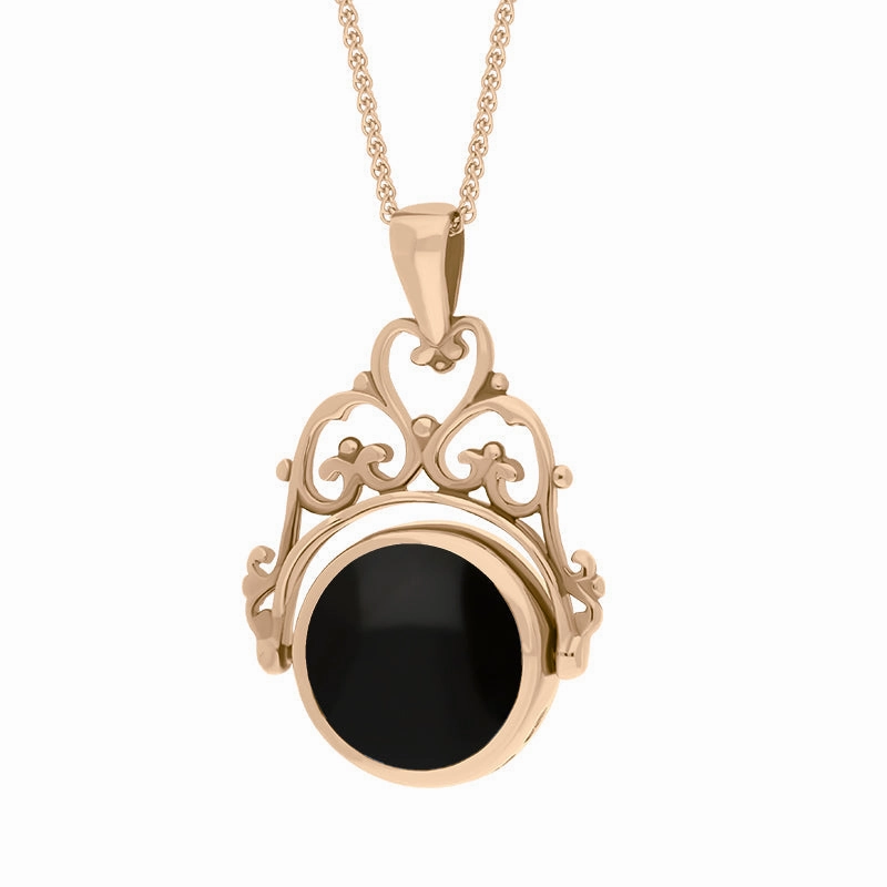 9ct Rose Gold Whitby Jet Lapis Lazuli Double Sided Round Swivel Fob Necklace