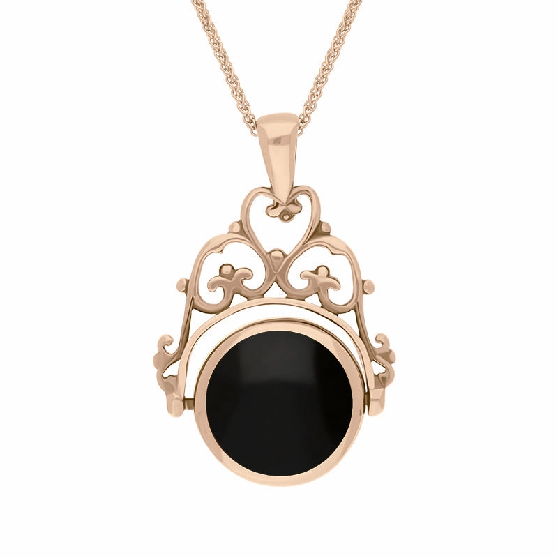 9ct Rose Gold Whitby Jet Lapis Lazuli Double Sided Round Swivel Fob Necklace