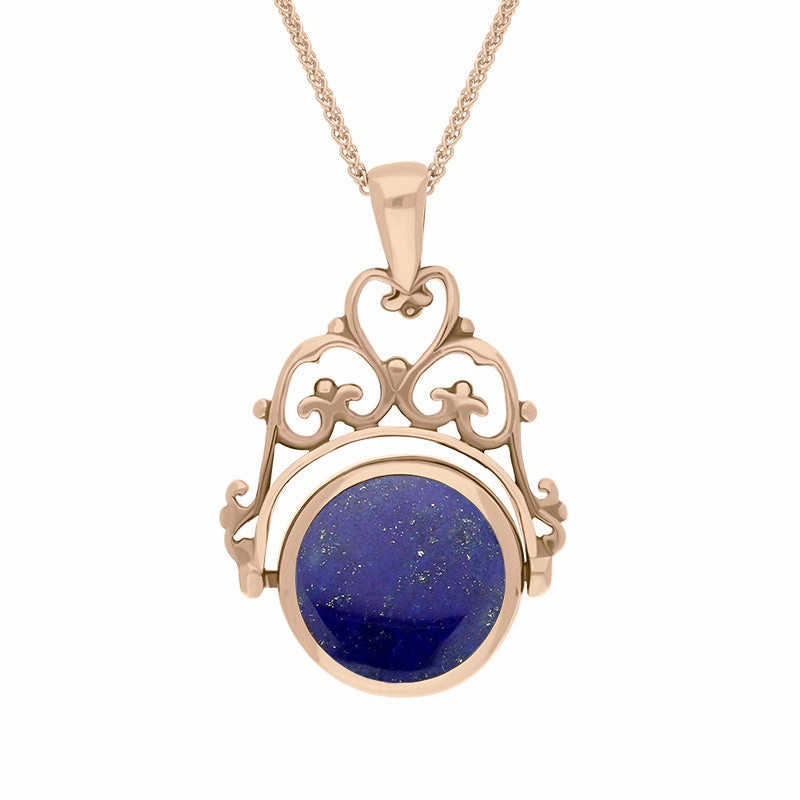 9ct Rose Gold Whitby Jet Lapis Lazuli Double Sided Round Swivel Fob Necklace