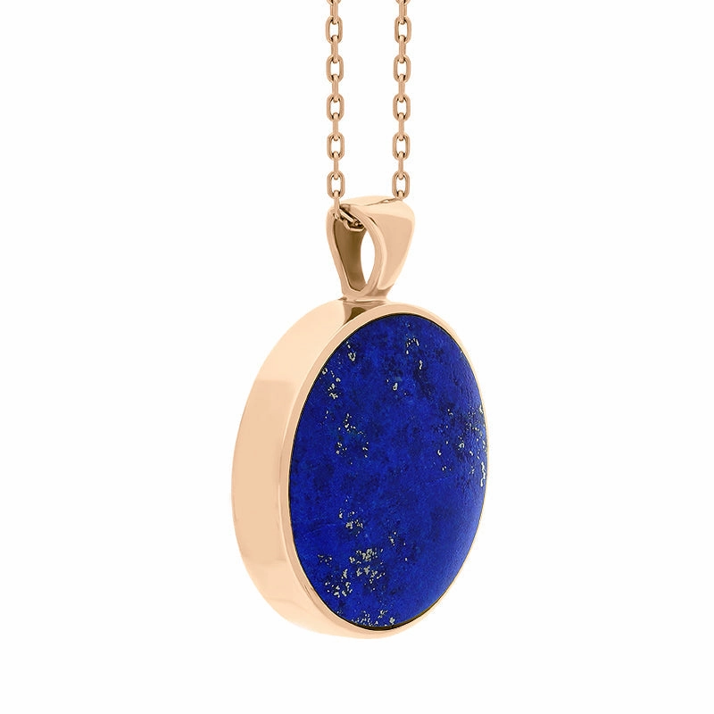 9ct Rose Gold Whitby Jet Lapis Lazuli Large Double Sided Round Fob Necklace