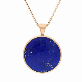 9ct Rose Gold Whitby Jet Lapis Lazuli Large Double Sided Round Fob Necklace