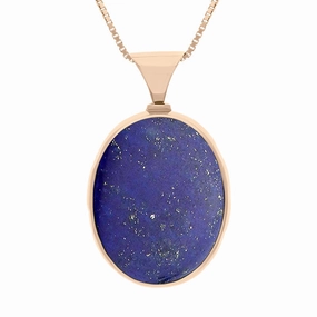 9ct Rose Gold Whitby Jet Lapis Lazuli Queens Jubilee Hallmark Double Sided Oval Necklace D