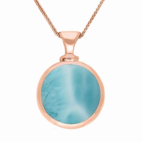 9ct Rose Gold Whitby Jet Larimar Double Sided Round Dinky Fob Necklace
