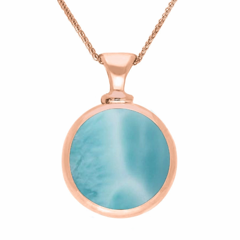 9ct Rose Gold Whitby Jet Larimar Double Sided Round Dinky Fob Necklace