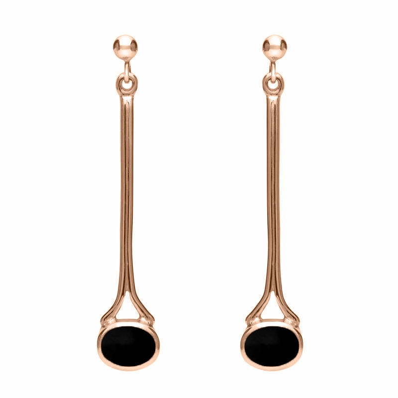 9ct Rose Gold Whitby Jet Long Drop Earrings
