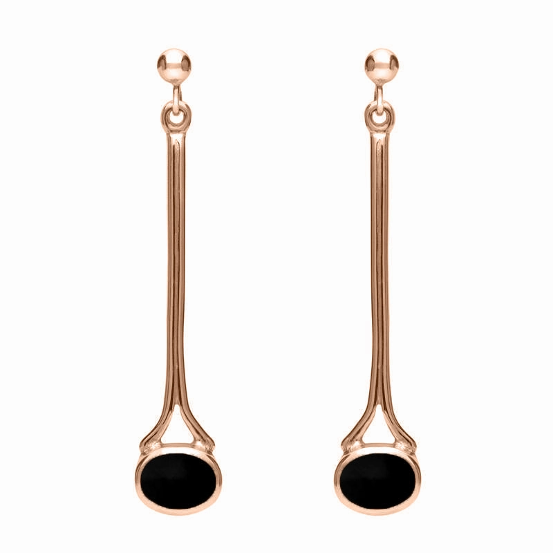9ct Rose Gold Whitby Jet Long Drop Earrings