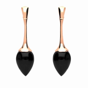 9ct Rose Gold Whitby Jet Long Flute Pear Drop Earrings