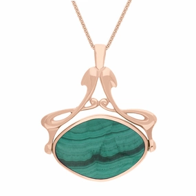 9ct Rose Gold Whitby Jet Malachite Bell Diamond Swivel Fob Necklace