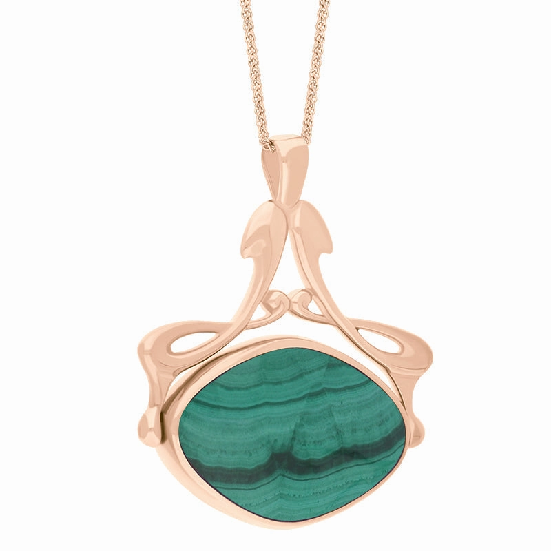 9ct Rose Gold Whitby Jet Malachite Bell Diamond Swivel Fob Necklace