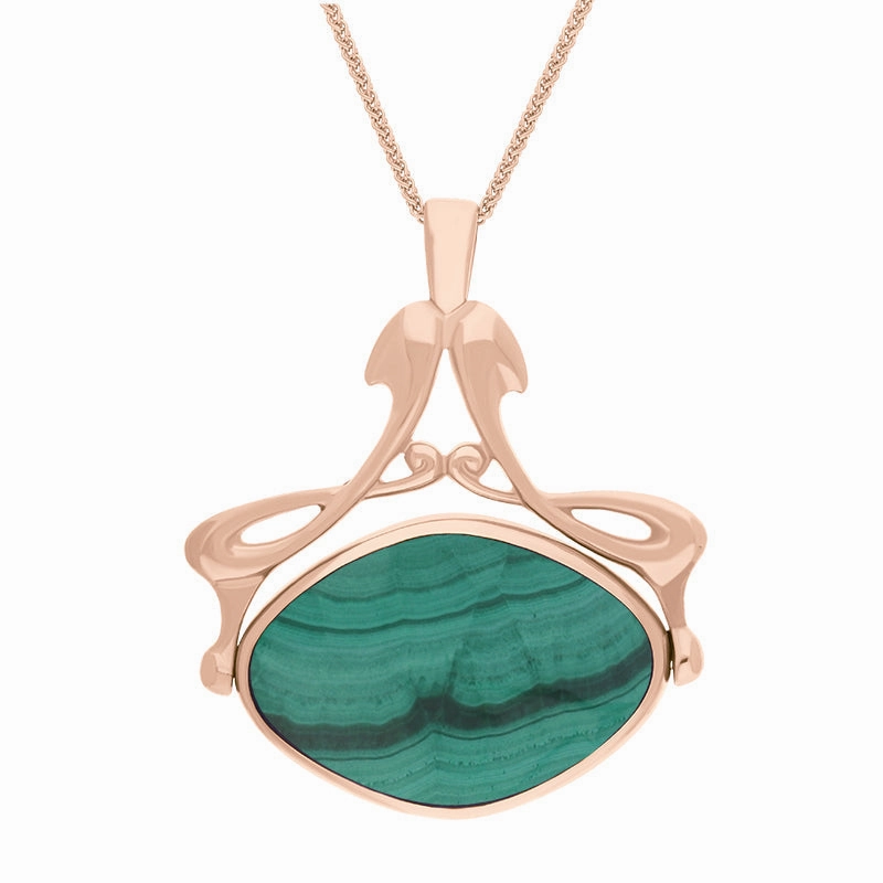 9ct Rose Gold Whitby Jet Malachite Bell Diamond Swivel Fob Necklace