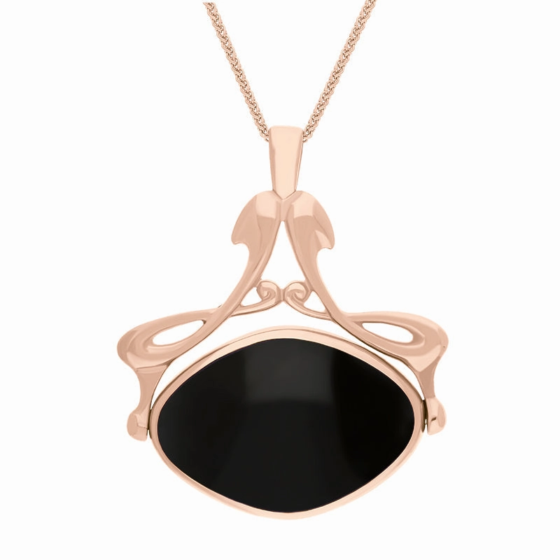9ct Rose Gold Whitby Jet Malachite Bell Diamond Swivel Fob Necklace
