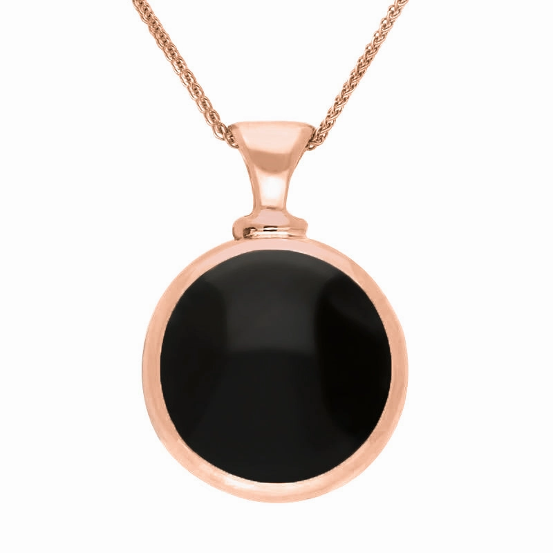 9ct Rose Gold Whitby Jet Malachite Double Sided Round Dinky Fob Necklace