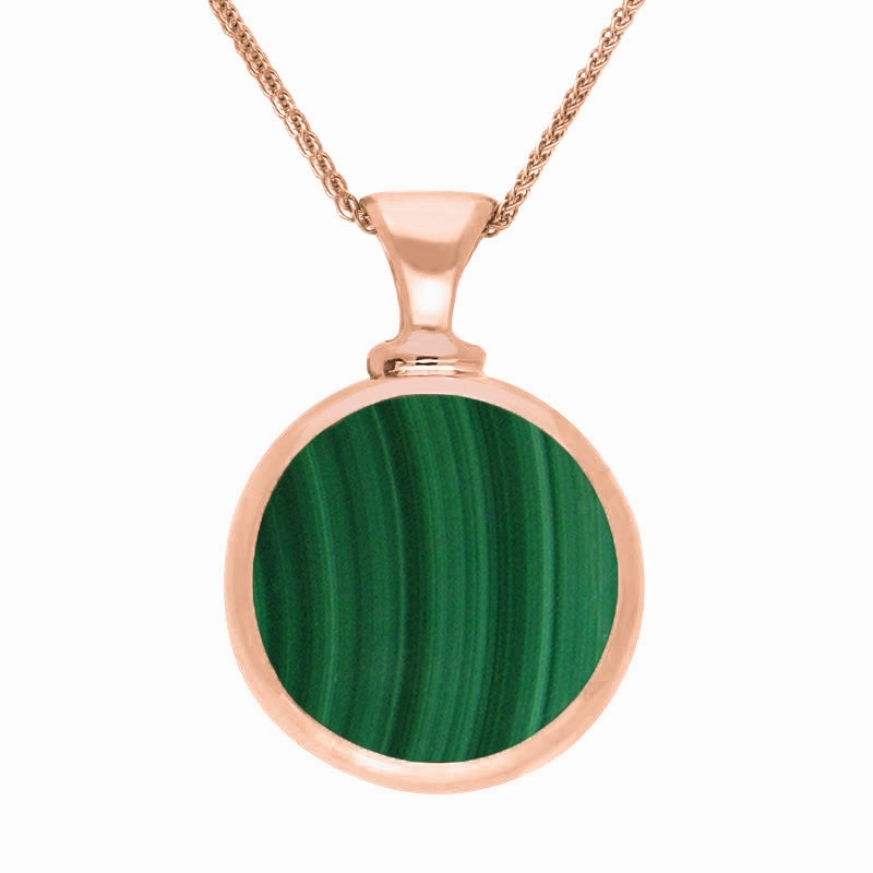 9ct Rose Gold Whitby Jet Malachite Double Sided Round Dinky Fob Necklace
