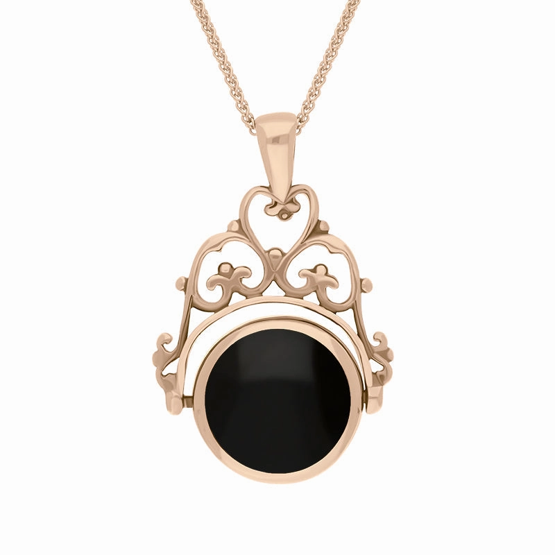 9ct Rose Gold Whitby Jet Malachite Double Sided Round Swivel Fob Necklace