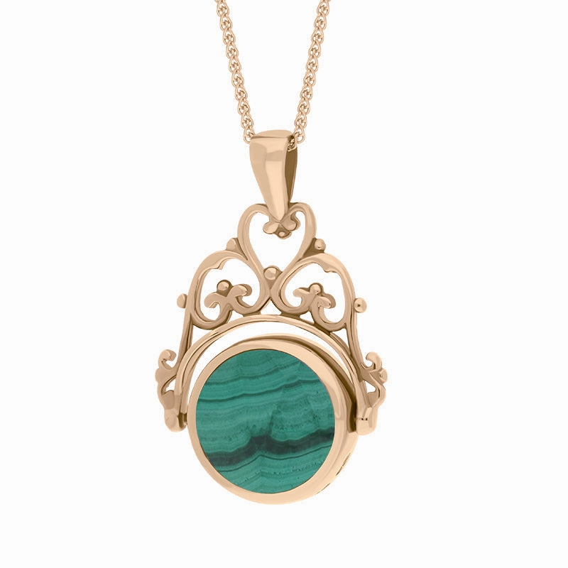 9ct Rose Gold Whitby Jet Malachite Double Sided Round Swivel Fob Necklace