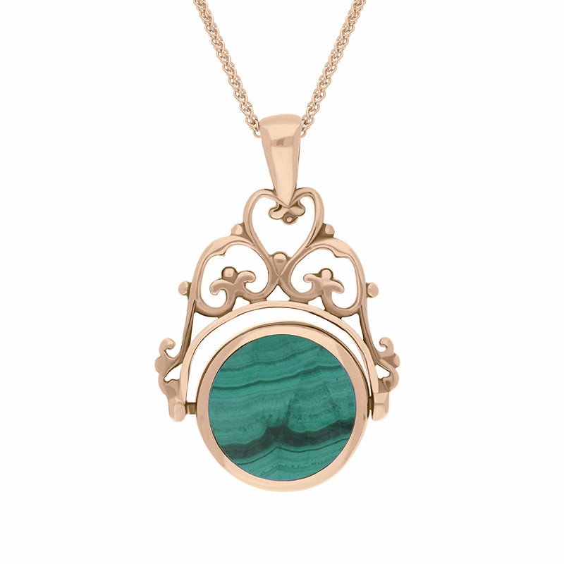 9ct Rose Gold Whitby Jet Malachite Double Sided Round Swivel Fob Necklace
