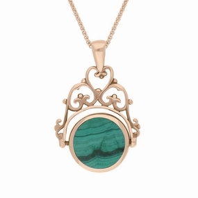 9ct Rose Gold Whitby Jet Malachite Double Sided Round Swivel Fob Necklace