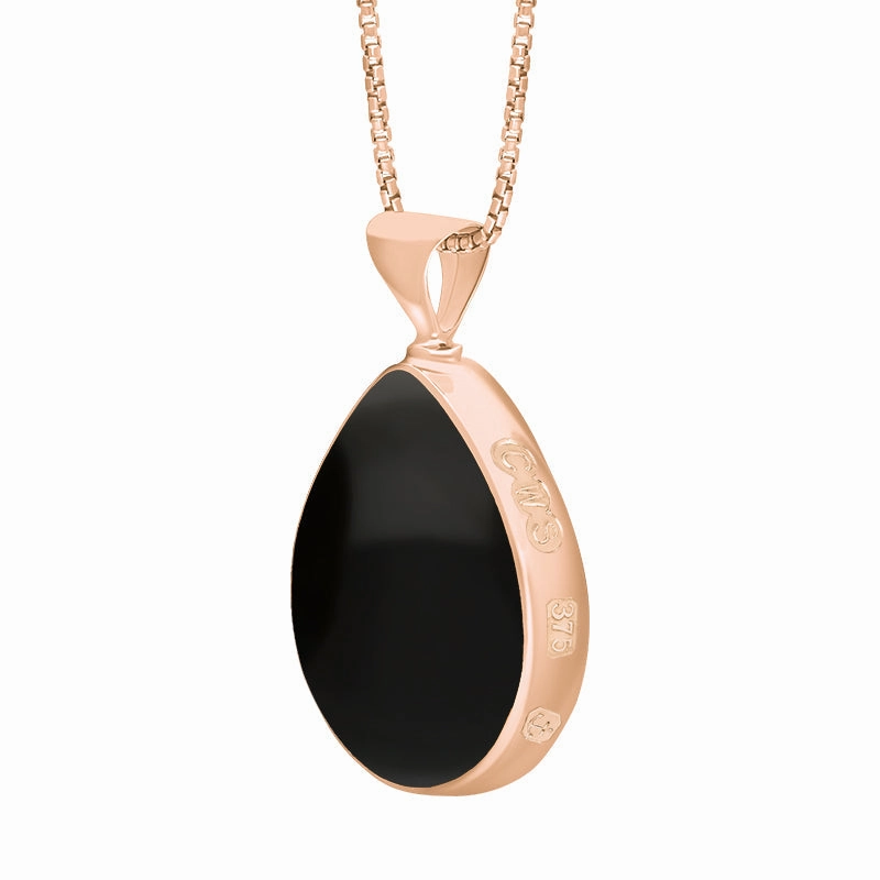 9ct Rose Gold Whitby Jet Malachite Queens Jubilee Hallmark Double Sided Pear-shaped Necklace D