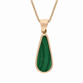 9ct Rose Gold Whitby Jet Malachite Small Double Sided Pear Cut Fob Necklace