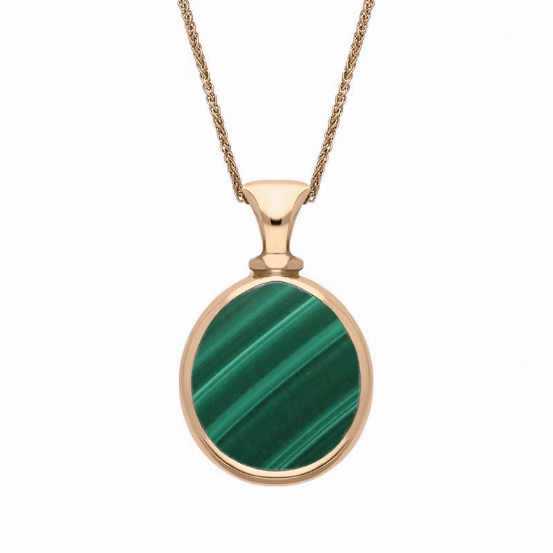 9ct Rose Gold Whitby Jet Malachite Small Double Sided Pear Fob Necklace