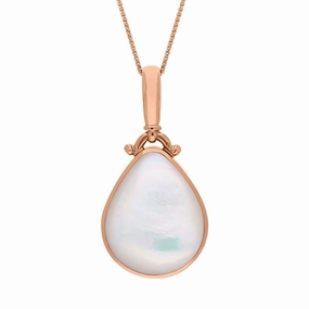 9ct Rose Gold Whitby Jet Mother of Pearl Double Sided Pear Fob Necklace