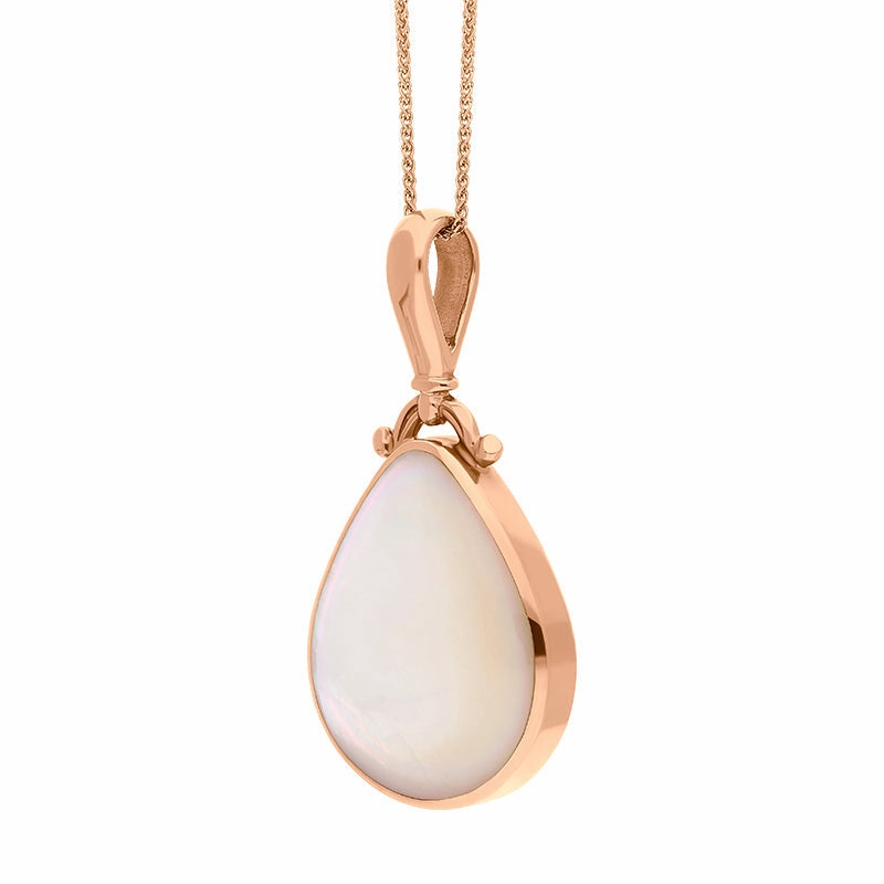 9ct Rose Gold Whitby Jet Mother of Pearl Double Sided Pear Fob Necklace