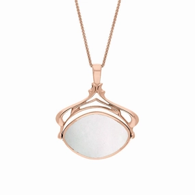 9ct Rose Gold Whitby Jet Mother Of Pearl Marquise Swivel Fob Necklace