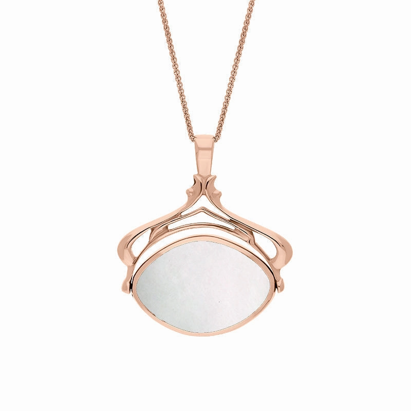 9ct Rose Gold Whitby Jet Mother Of Pearl Marquise Swivel Fob Necklace