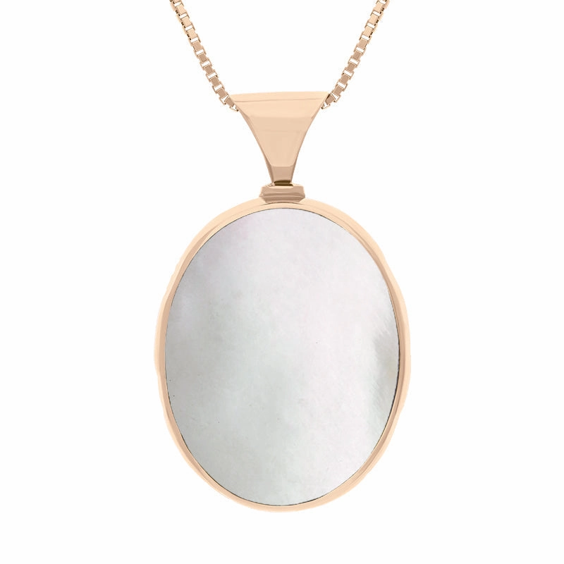9ct Rose Gold Whitby Jet Mother of Pearl Queens Jubilee Hallmark Double Sided Oval Necklace D