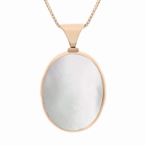 9ct Rose Gold Whitby Jet Mother of Pearl Queens Jubilee Hallmark Double Sided Oval Necklace D