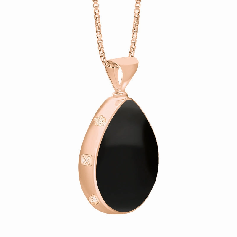 9ct Rose Gold Whitby Jet Mother of Pearl Queens Jubilee Hallmark Double Sided Pear-shaped Necklace D