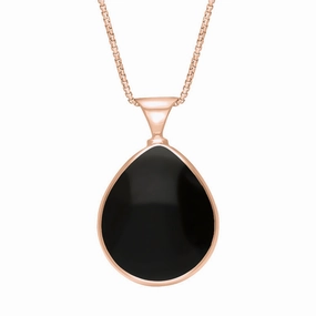 9ct Rose Gold Whitby Jet Mother of Pearl Queens Jubilee Hallmark Double Sided Pear-shaped Necklace D