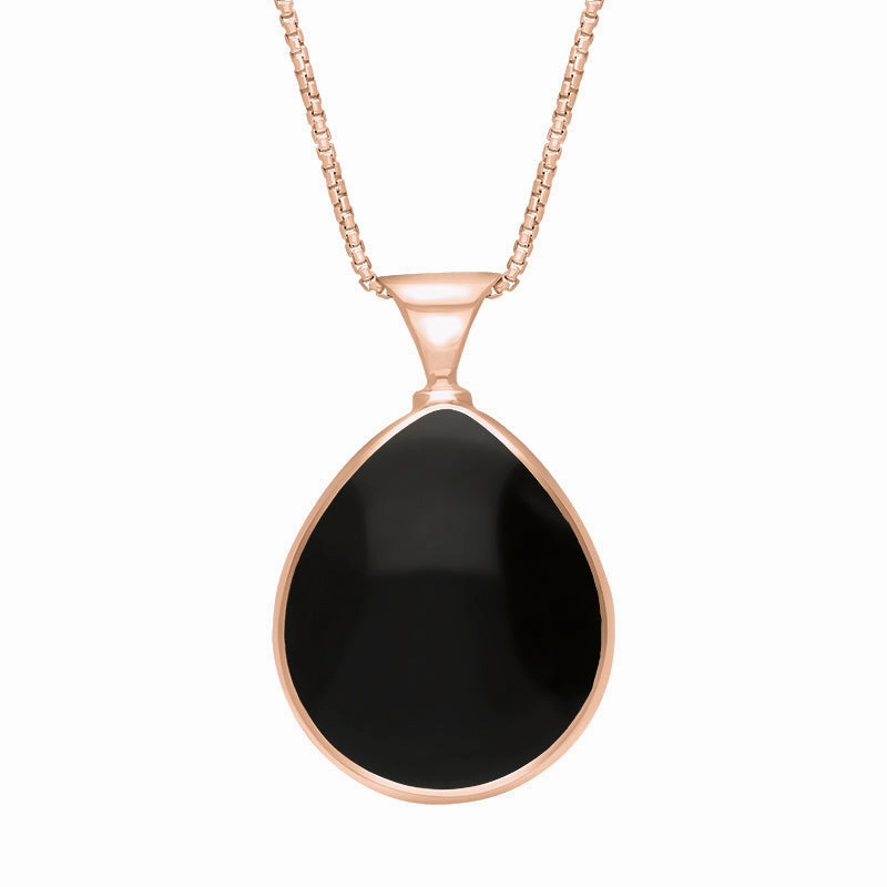 9ct Rose Gold Whitby Jet Mother of Pearl Queens Jubilee Hallmark Double Sided Pear-shaped Necklace D