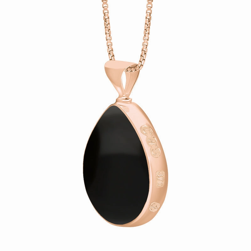 9ct Rose Gold Whitby Jet Mother of Pearl Queens Jubilee Hallmark Double Sided Pear-shaped Necklace D