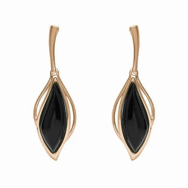 9ct Rose Gold Whitby Jet Open Marquise Drop Earrings