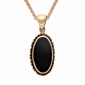 9ct Rose Gold Whitby Jet Oval Rope Edge Necklace