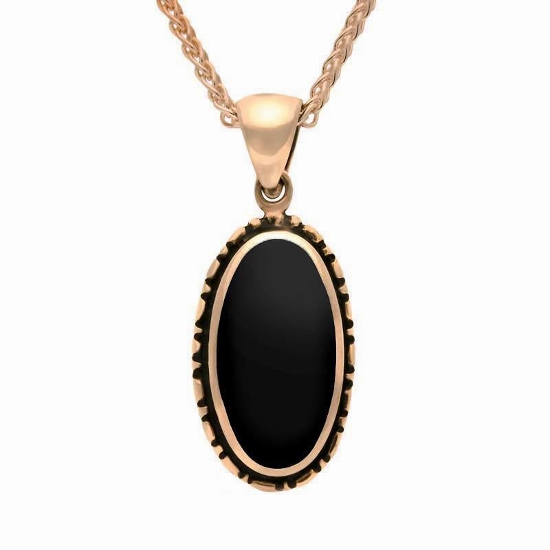 9ct Rose Gold Whitby Jet Oval Rope Edge Necklace
