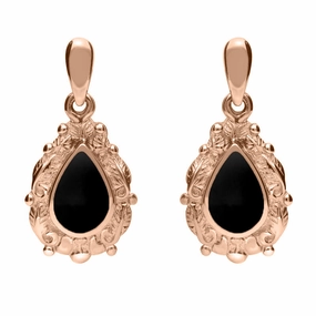 9ct Rose Gold Whitby Jet Pear Shaped Leaf Drop Earrings