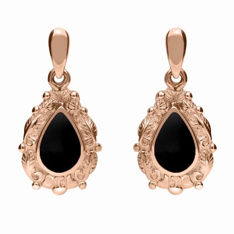 9ct Rose Gold Whitby Jet Pear Shaped Leaf Drop Earrings