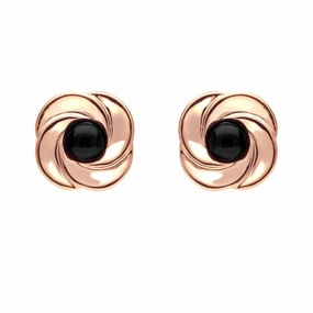 9ct Rose Gold Whitby Jet Round Swirl Stud Earrings
