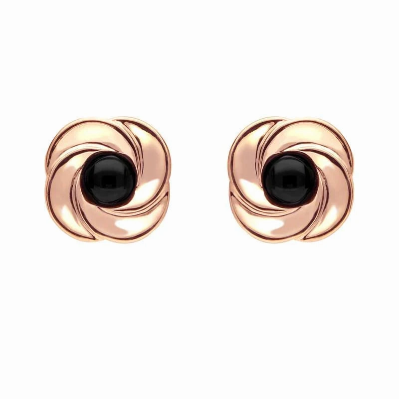 9ct Rose Gold Whitby Jet Round Swirl Stud Earrings