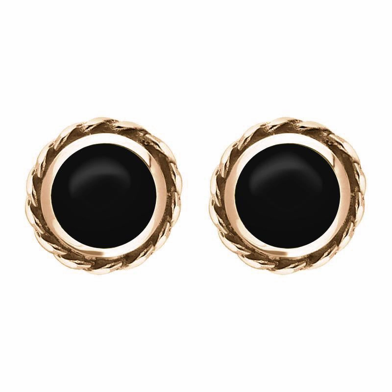 9ct Rose Gold Whitby Jet Round Twist Edge Stud Earrings